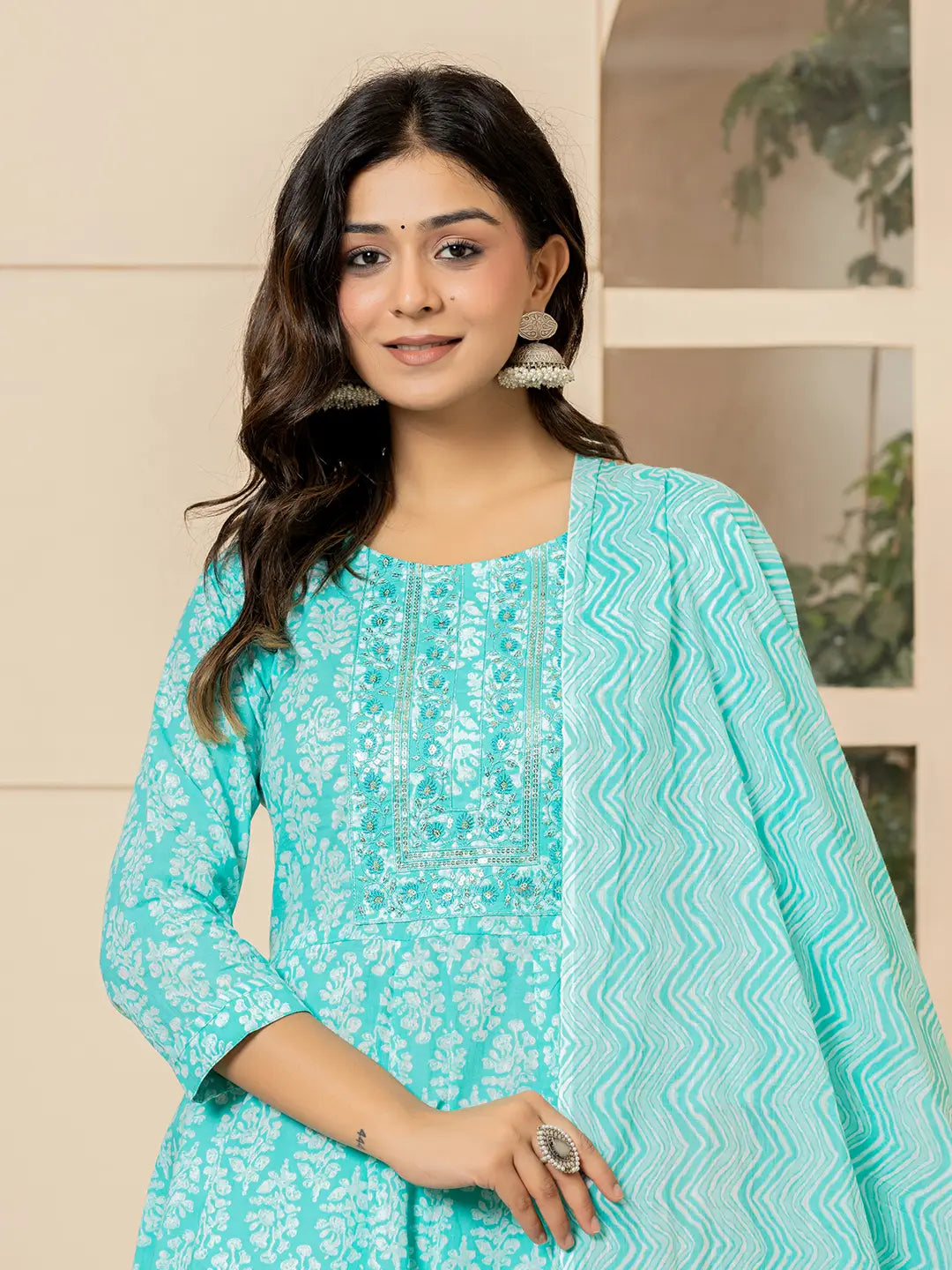 Turquoise-Pure-Cotton-Ethnic-Motifs-Embroidered-Anarkali-Set