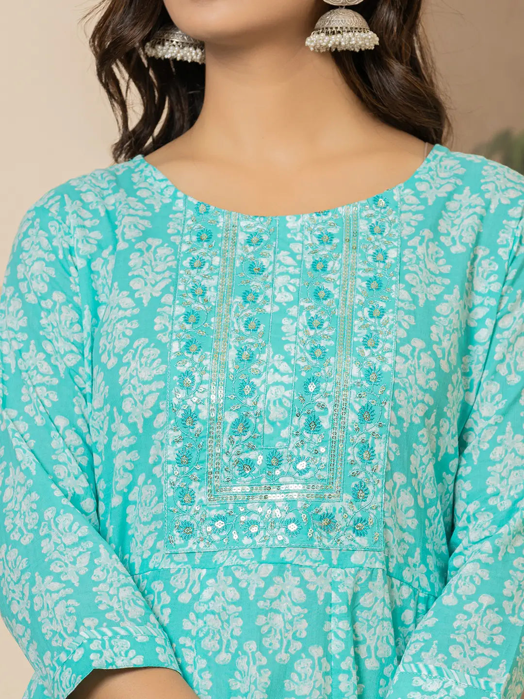 Turquoise-Pure-Cotton-Ethnic-Motifs-Embroidered-Anarkali-Set