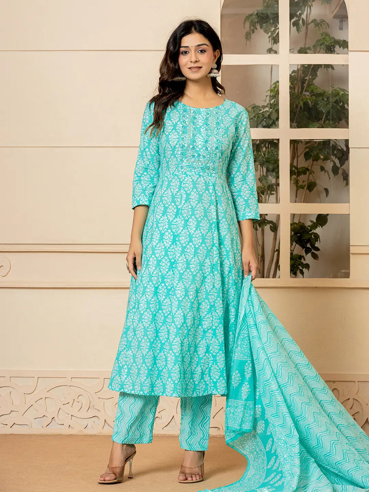 Turquoise-Pure-Cotton-Ethnic-Motifs-Embroidered-Anarkali-Set