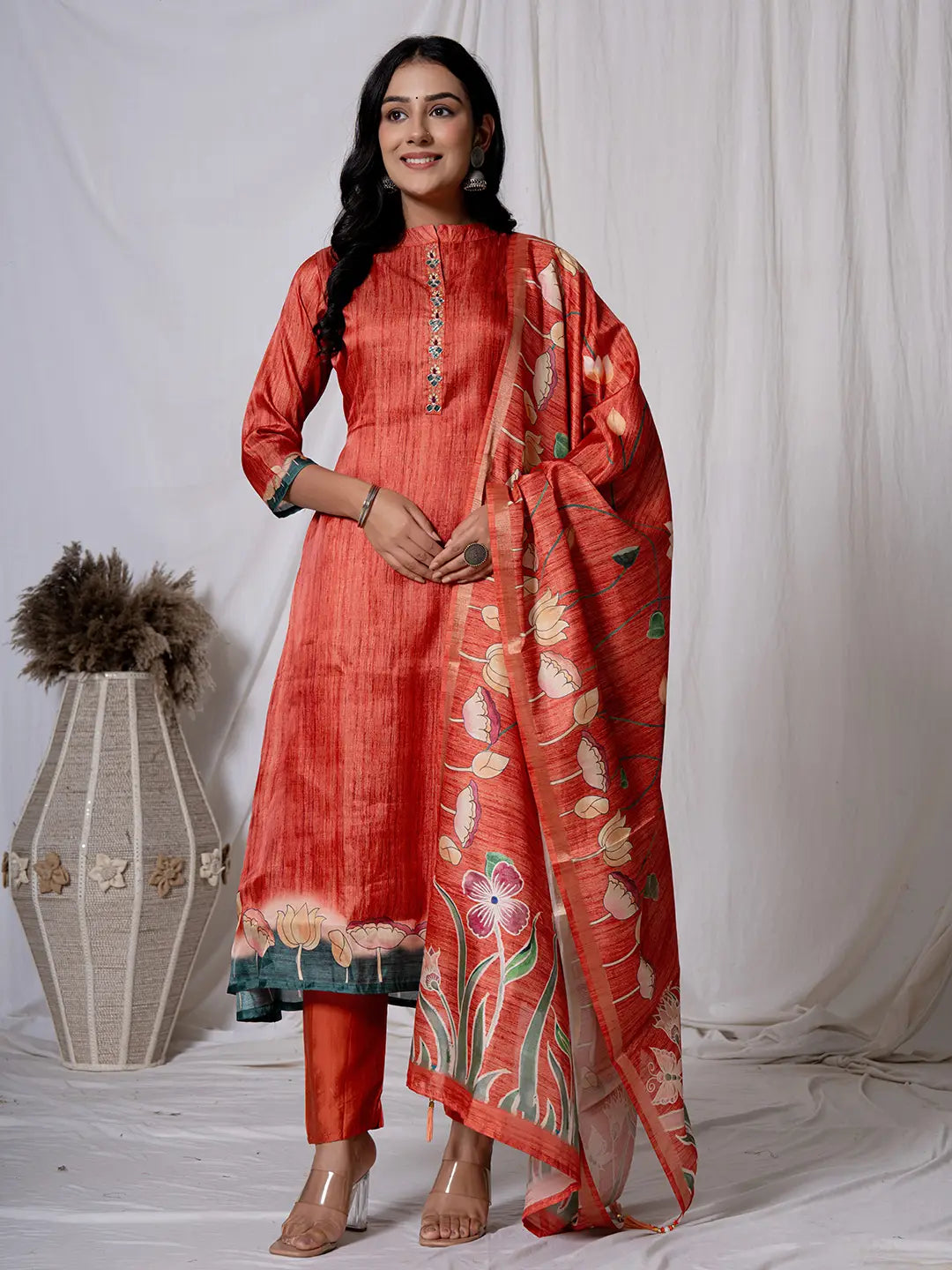 Red-Tussar-Silk--Embroidered-A-Line-3-Piece-Kurta-Set