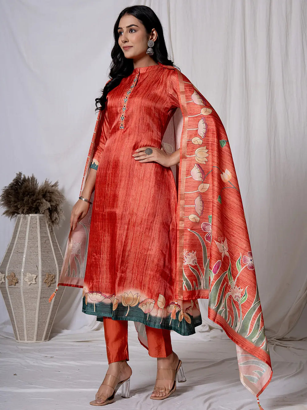 Red-Tussar-Silk--Embroidered-A-Line-3-Piece-Kurta-Set