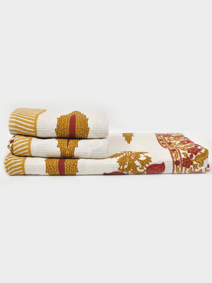 White-&-Orange-Waffle-Cotton-HandBlock-Print-Towels-Gift-Set