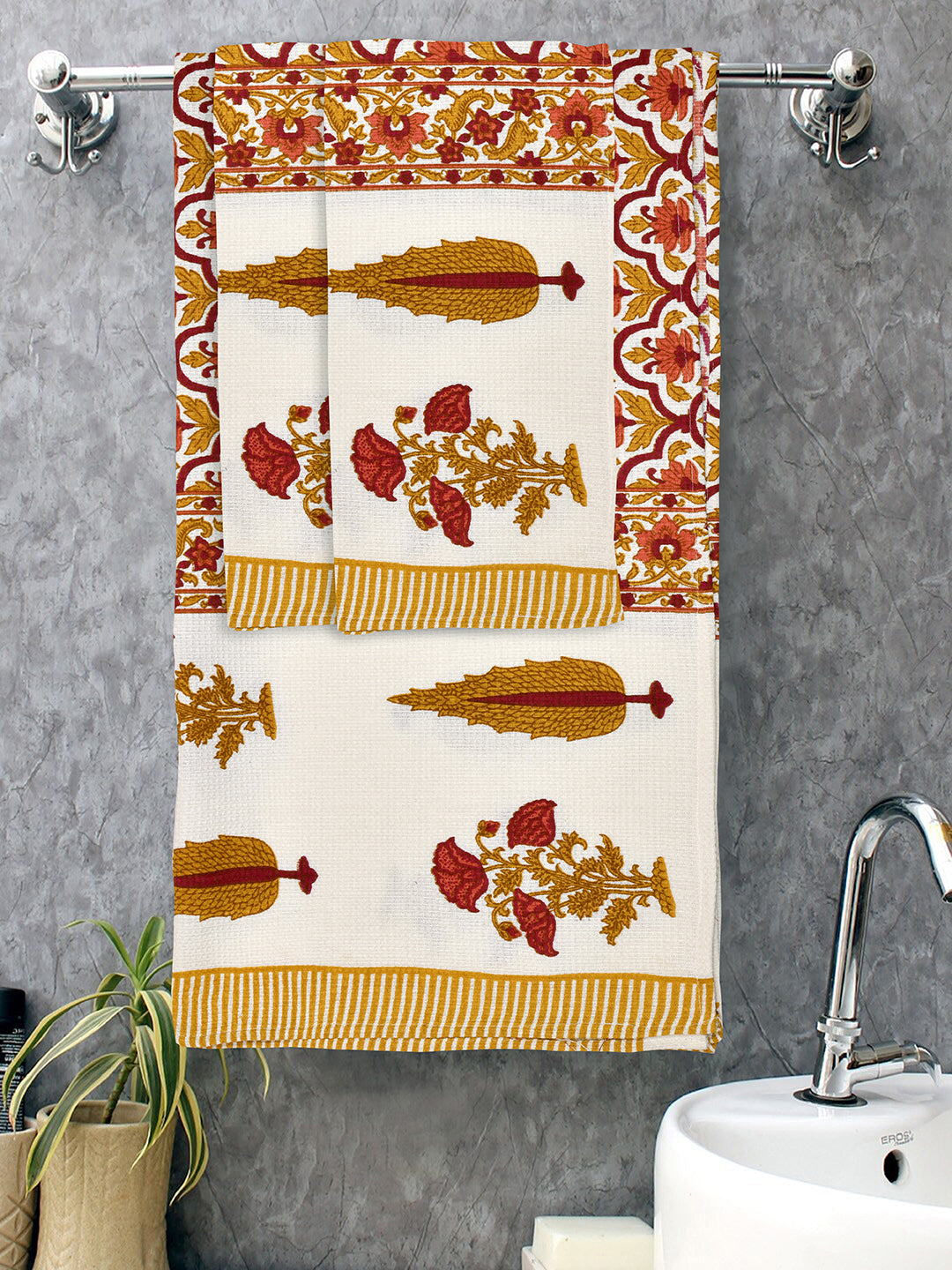 White-&-Orange-Waffle-Cotton-HandBlock-Print-Towels-Gift-Set