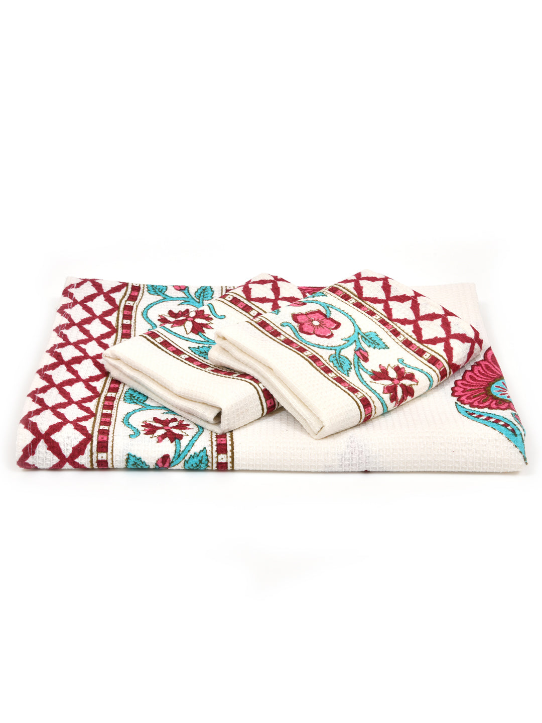 White-&-Red-Waffle-Cotton-HandBlock-Towels-Gift-Set