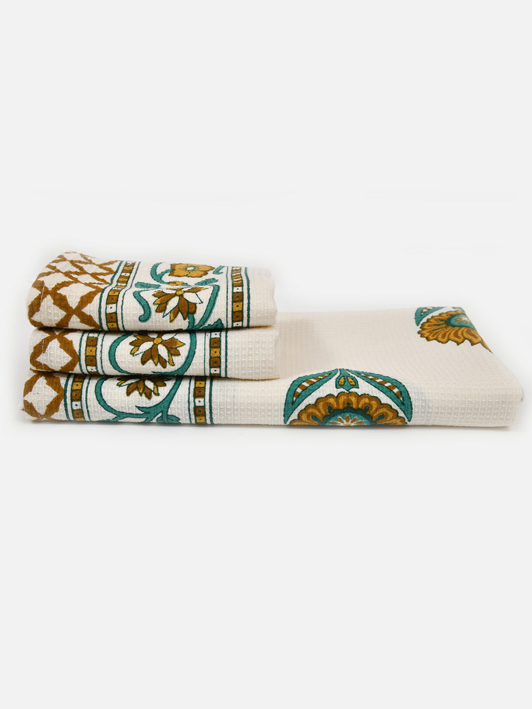 White-&-Mustard-Waffle-Cotton-HandBlock-Print-Towels-Gift-Set