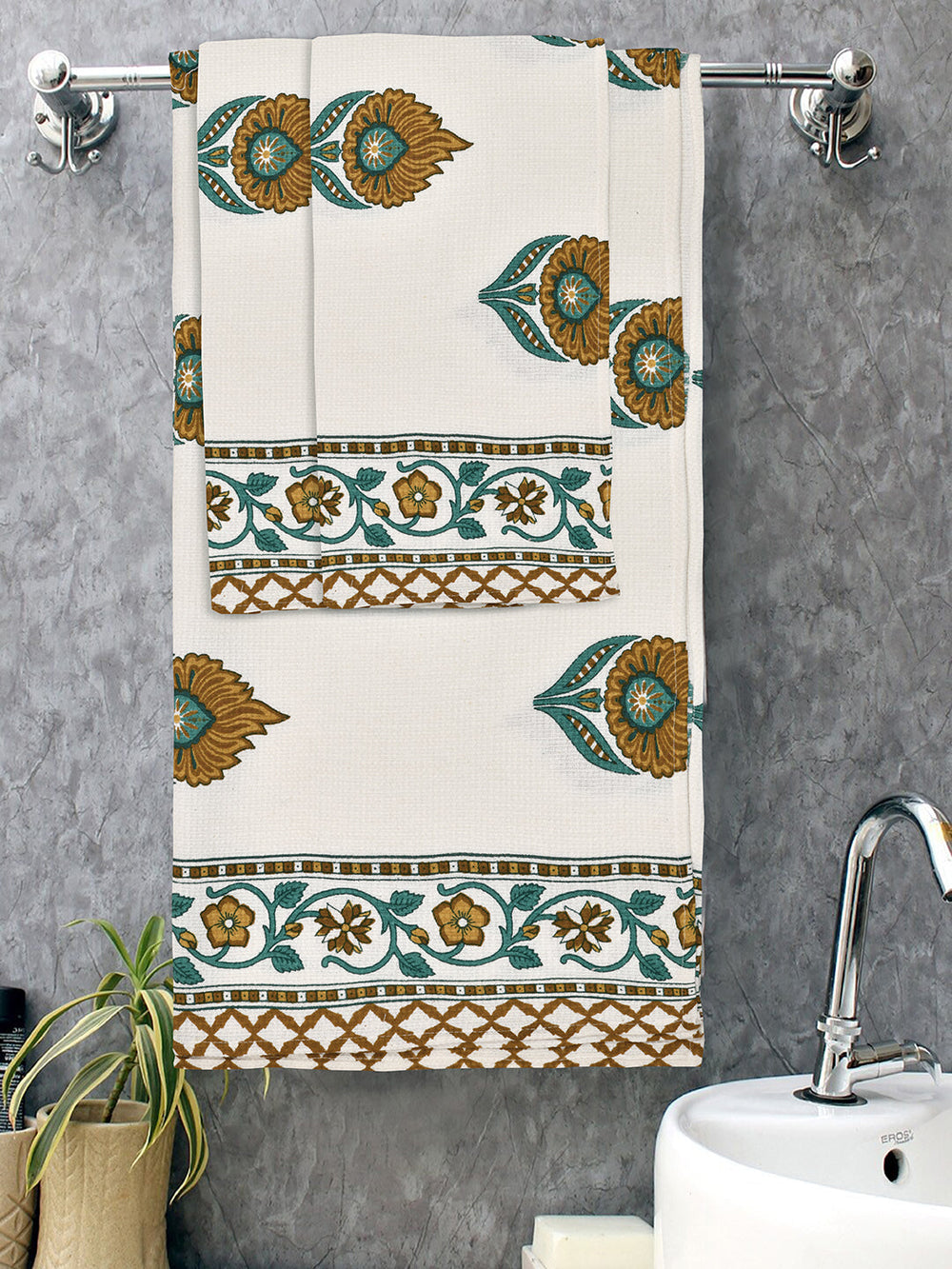 White-&-Mustard-Waffle-Cotton-HandBlock-Print-Towels-Gift-Set