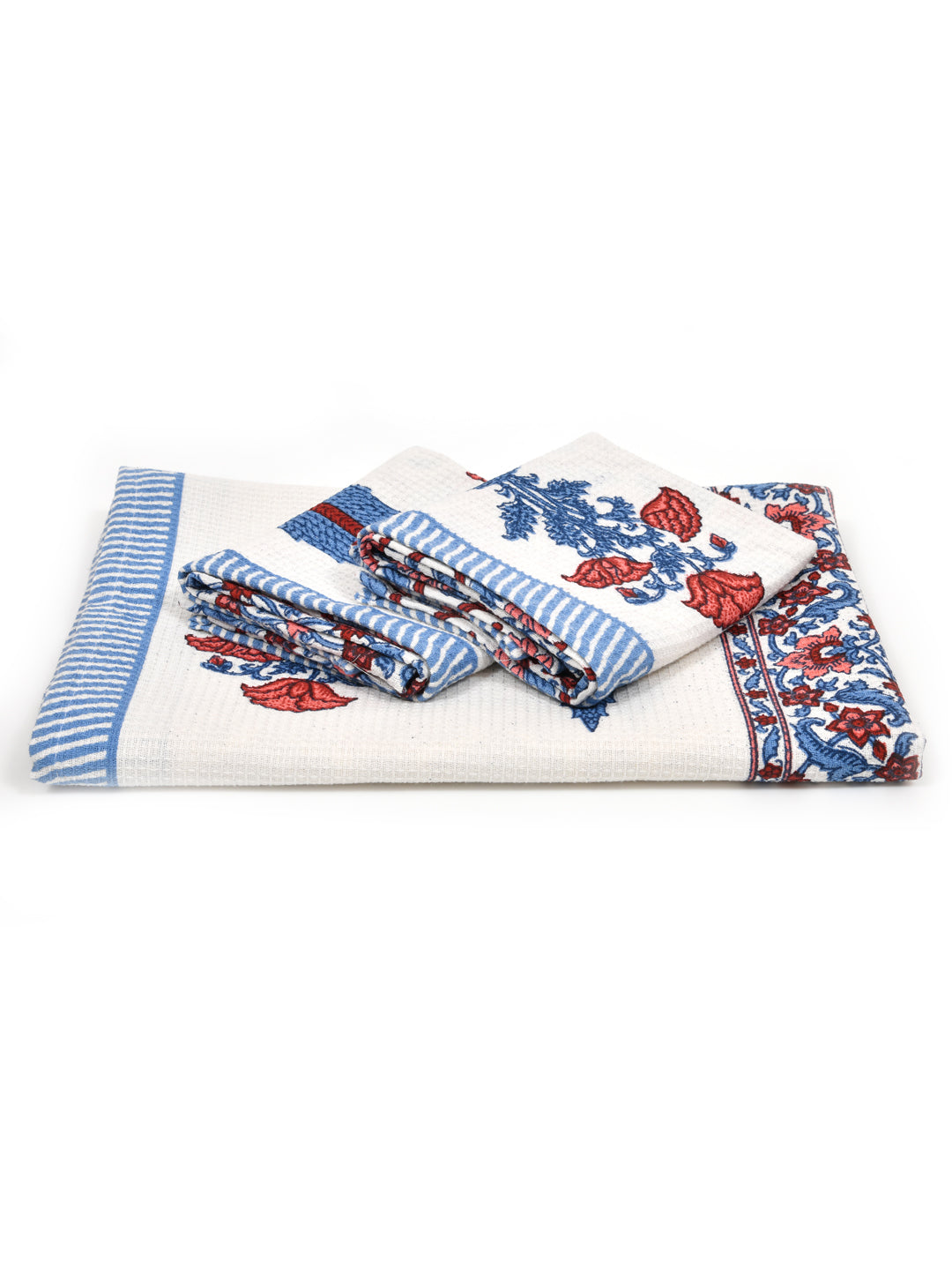 White-&-Blue-Waffle-Cotton-HandBlock-Print-Towels-Gift-Set