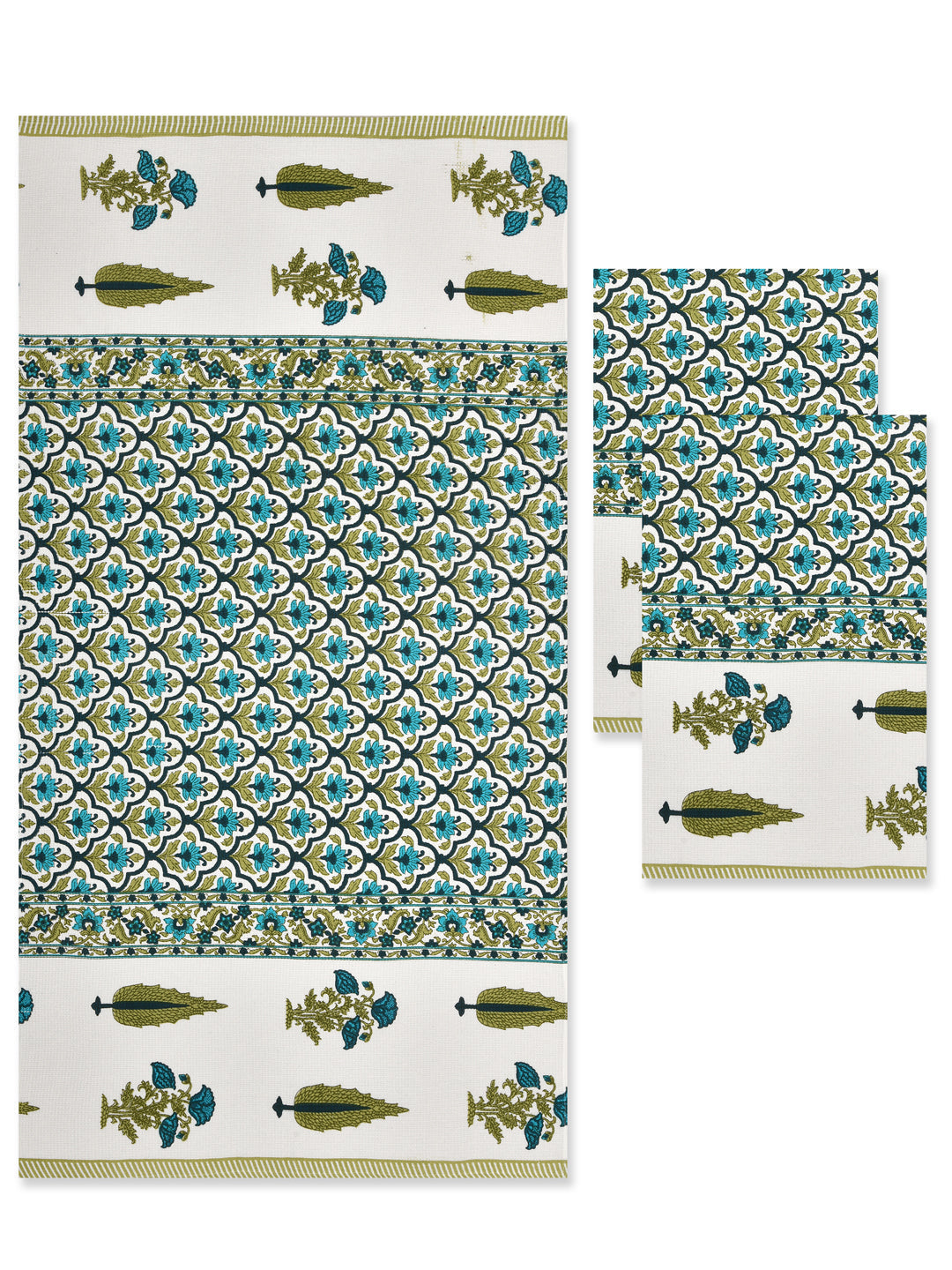 White-&-Green-Waffle-Cotton-HandBlock-Print-Towels-Gift-Set