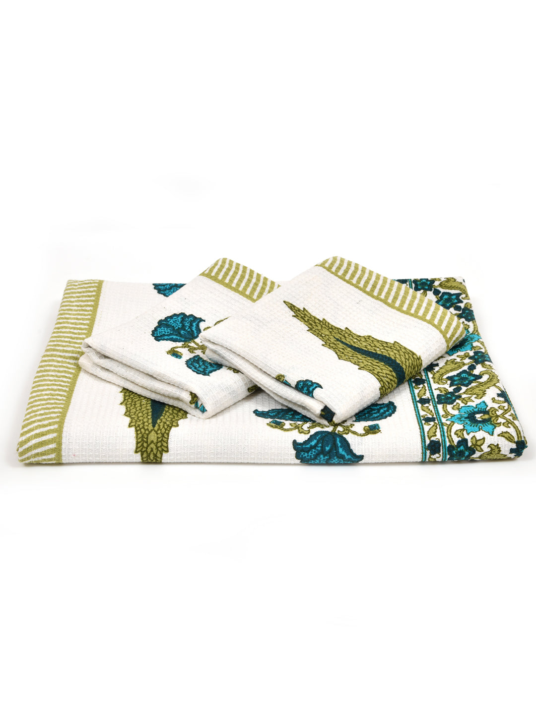 White-&-Green-Waffle-Cotton-HandBlock-Print-Towels-Gift-Set