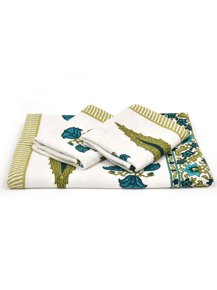 White-&-Green-Waffle-Cotton-HandBlock-Print-Towels-Gift-Set