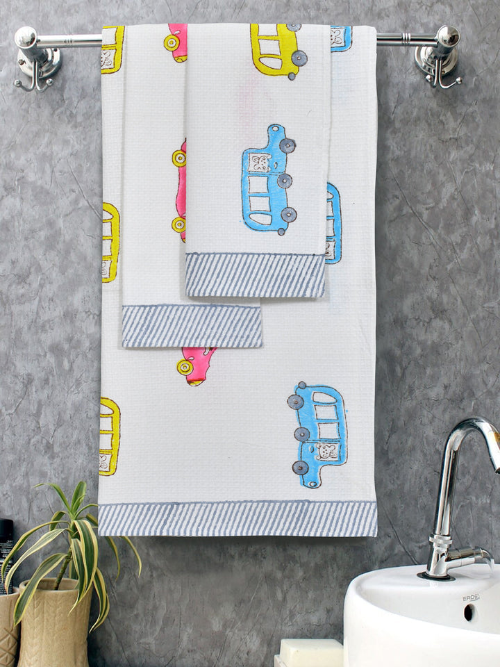 White-&-Multicolor-Waffle-Cotton-Car-Print-Towels-Gift-Set