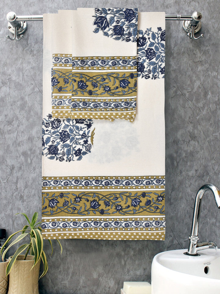 White-&-Blue-Floral-Waffle-Cotton-Print-Towels-Gift-Set