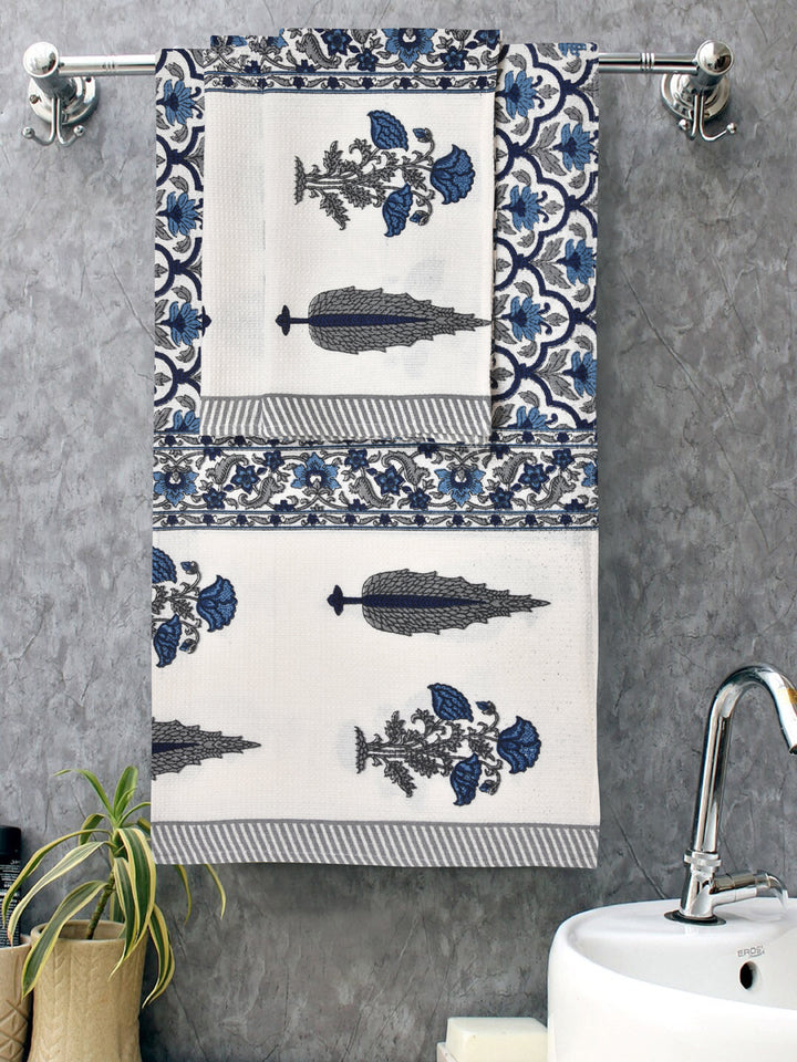 White-&-Grey-Waffle-Cotton-HandBlock-Print-Towels-Gift-Set