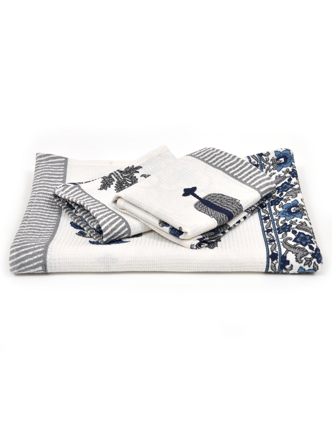 White-&-Grey-Waffle-Cotton-HandBlock-Print-Towels-Gift-Set