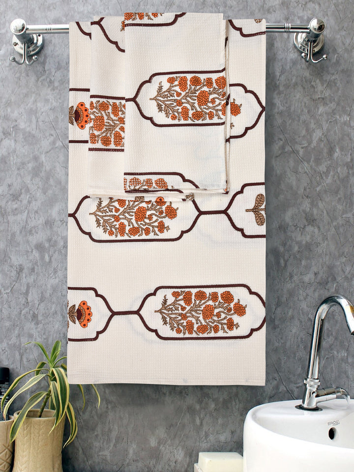 White-&-Orange-Waffle-Cotton-HandBlock-Print-Towels-Gift-Set