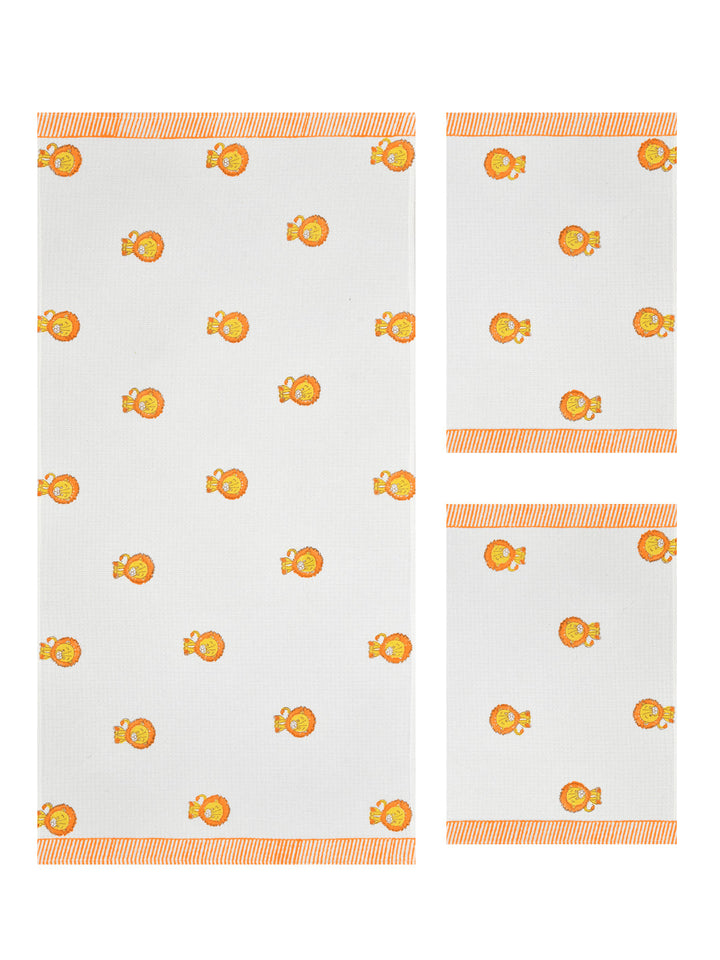 White-&-Orange-Waffle-Cotton-Lion-Print-Towels-Gift-Set