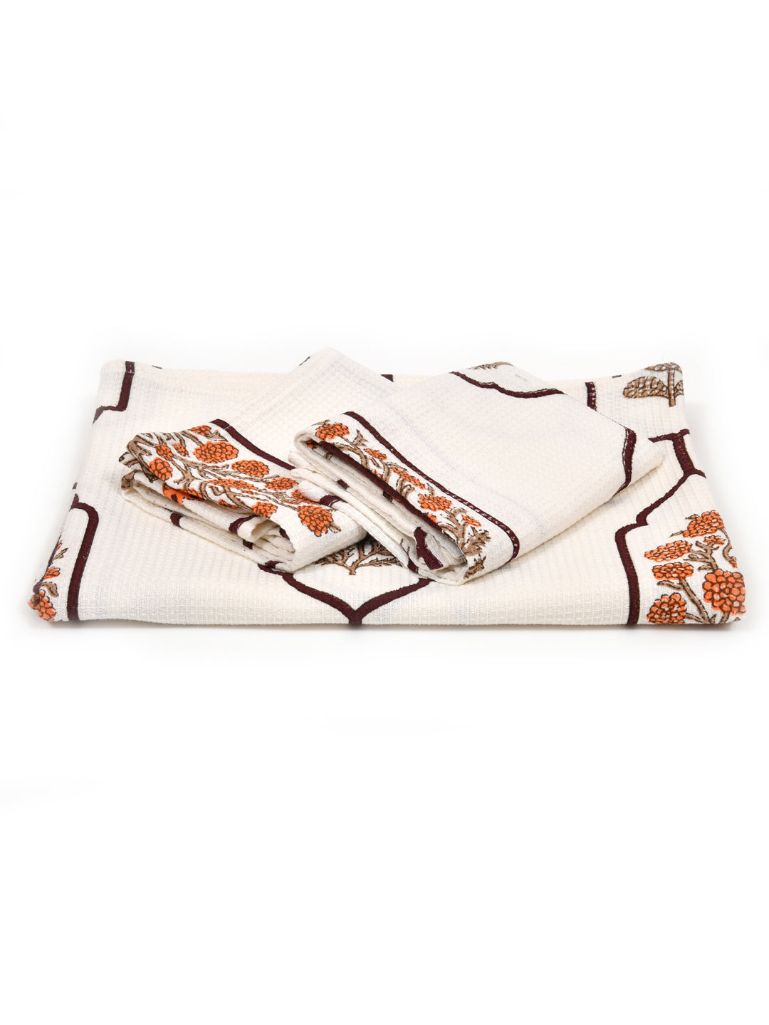 White-&-Orange-Waffle-Cotton-HandBlock-Print-Towels-Gift-Set