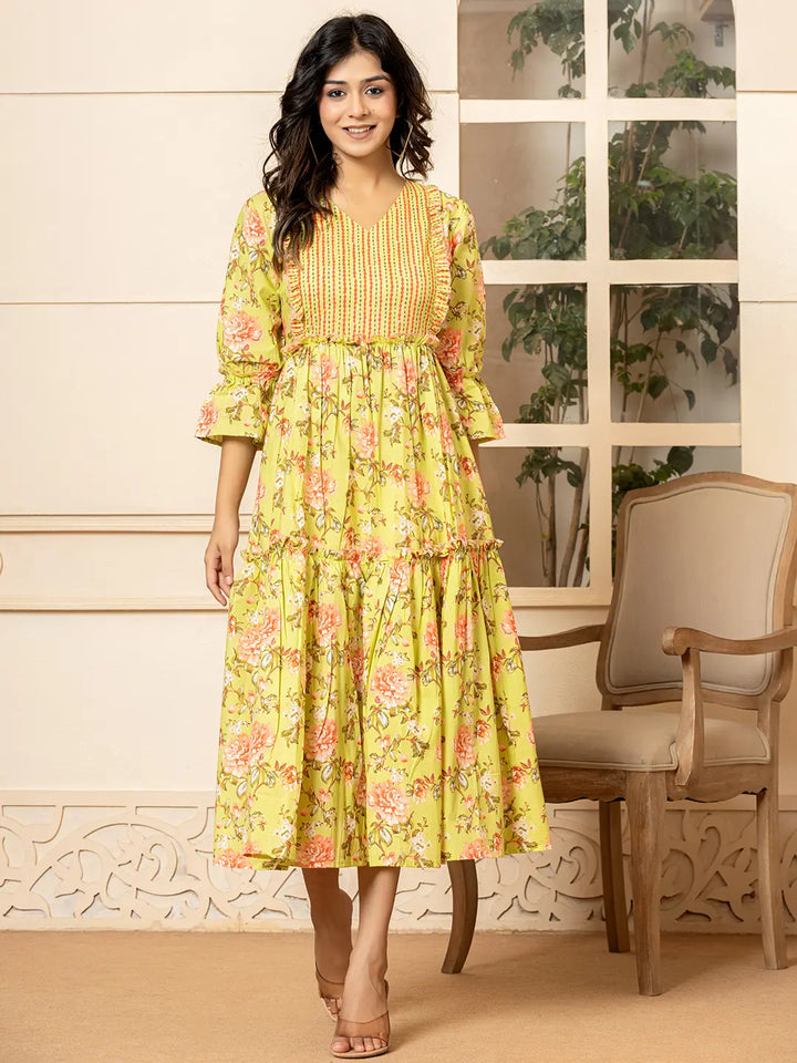 Green-Cotton-Floral-Print-Tiered-Dress-With-Ruffles