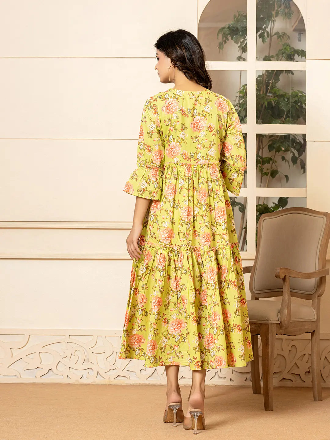 Green-Cotton-Floral-Print-Tiered-Dress-With-Ruffles