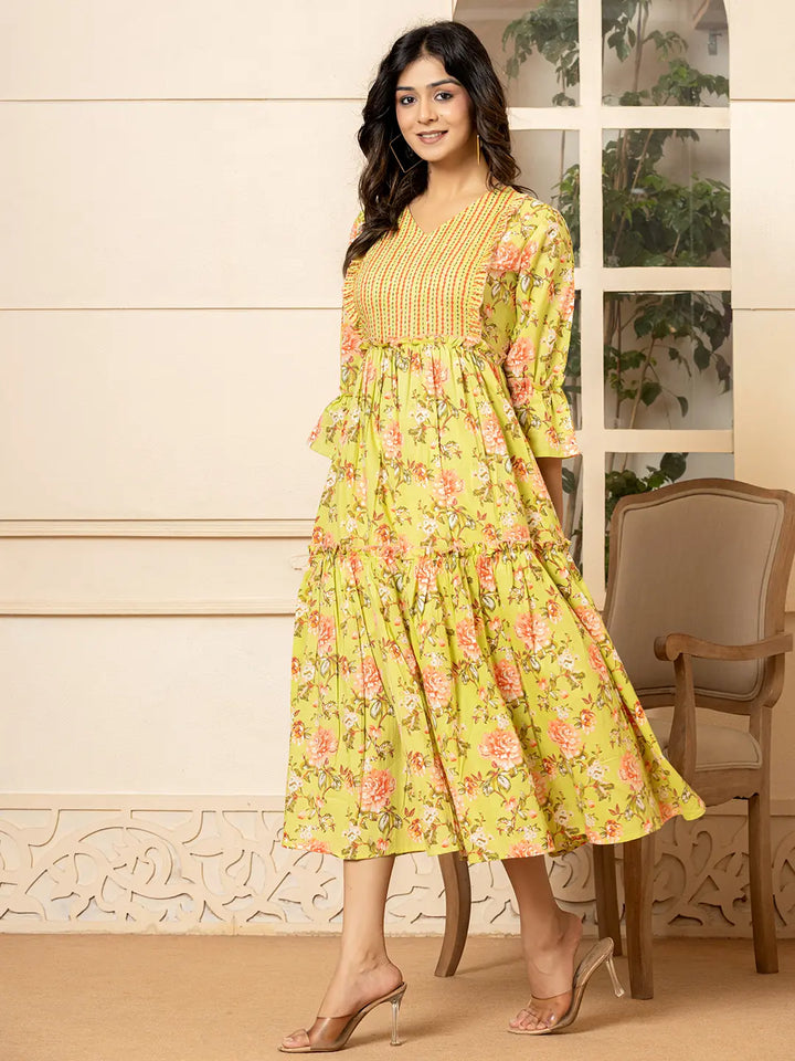 Green-Cotton-Floral-Print-Tiered-Dress-With-Ruffles