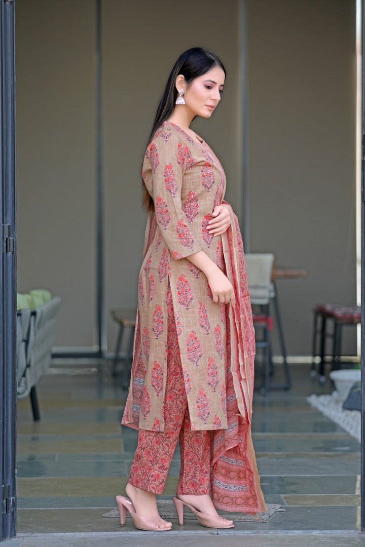 Chikoo-Pink-Cotton-Fabric-Printed-Fancy-Kurta-And-Palazzo
