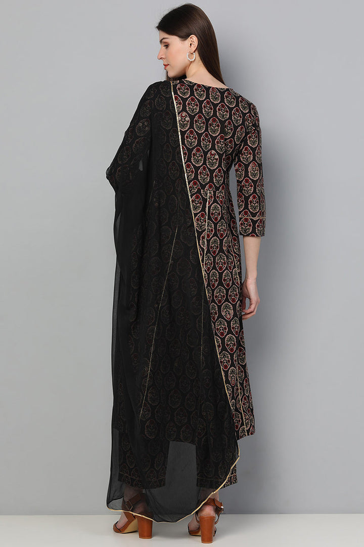 Cotton-Black-Motifs-Printed-A-Line-3-Piece-Kurta-Set