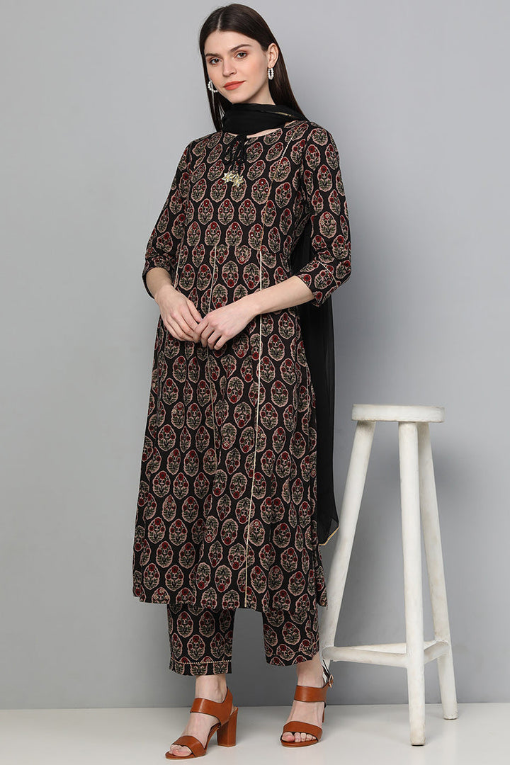 Cotton-Black-Motifs-Printed-A-Line-3-Piece-Kurta-Set