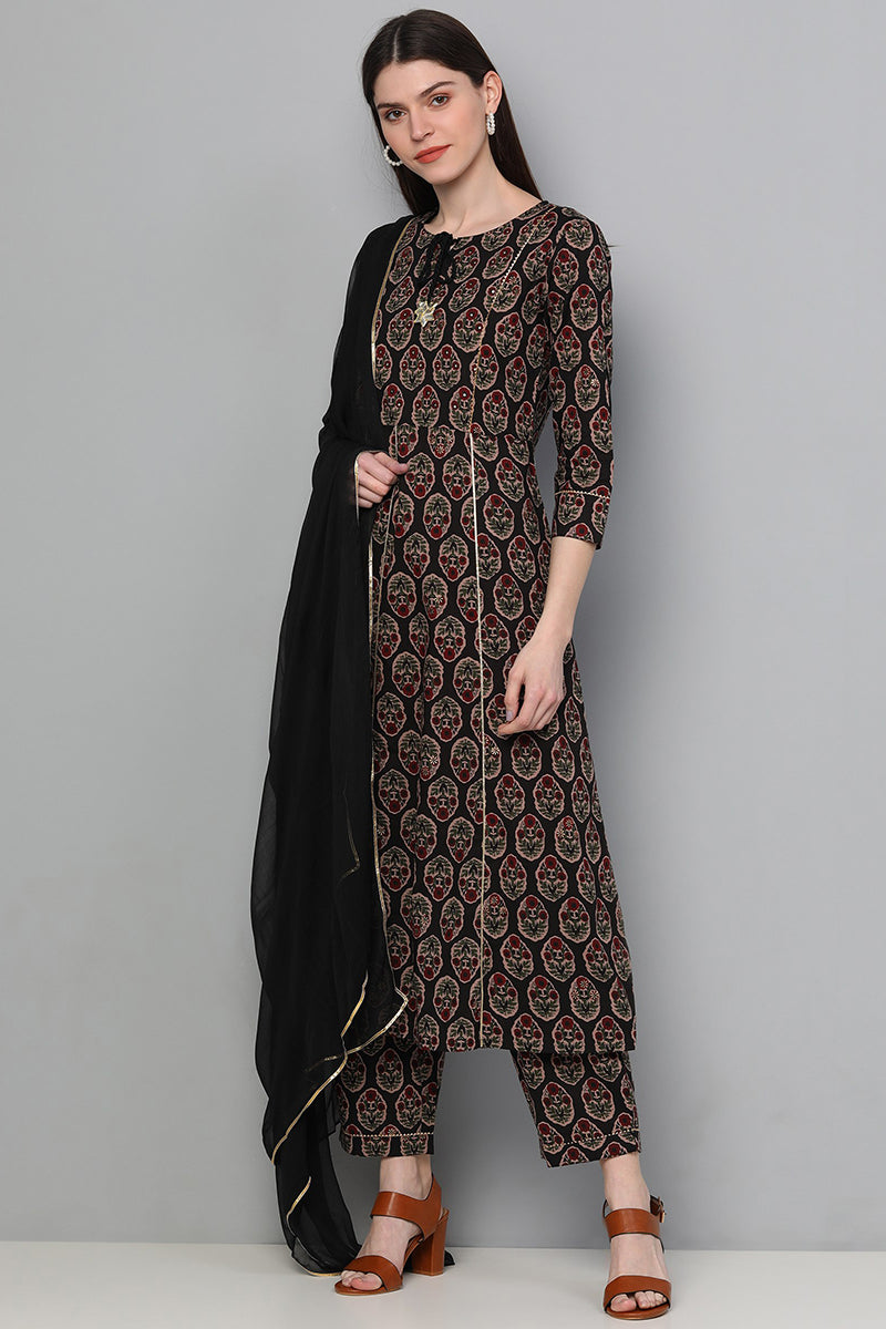 Cotton-Black-Motifs-Printed-A-Line-3-Piece-Kurta-Set