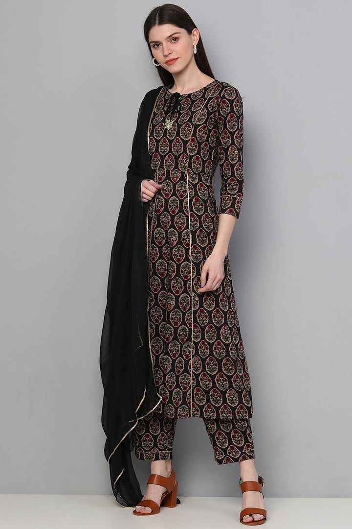 Cotton-Black-Motifs-Printed-A-Line-3-Piece-Kurta-Set