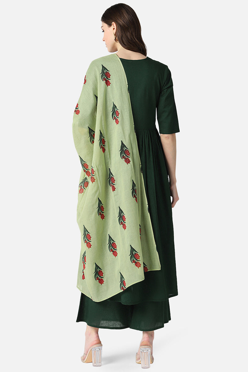 Cotton-Green-Solid-Printed-A-Line-3-Piece-Kurta-Set