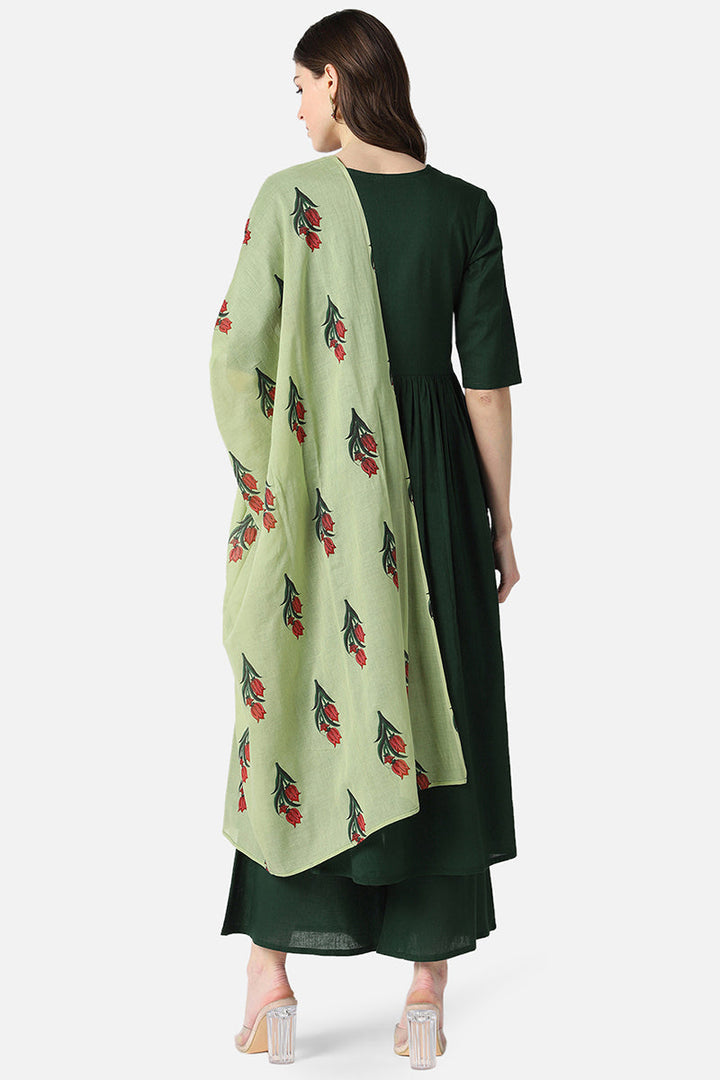Cotton-Green-Solid-Printed-A-Line-3-Piece-Kurta-Set