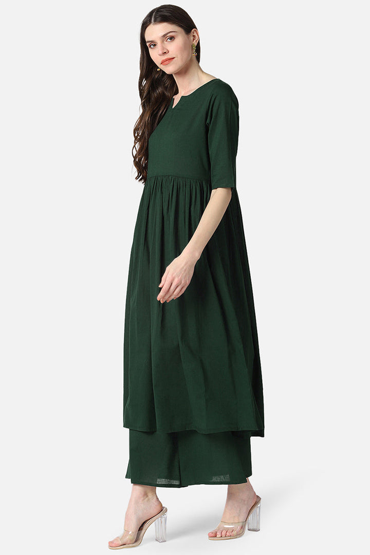 Cotton-Green-Solid-Printed-A-Line-3-Piece-Kurta-Set