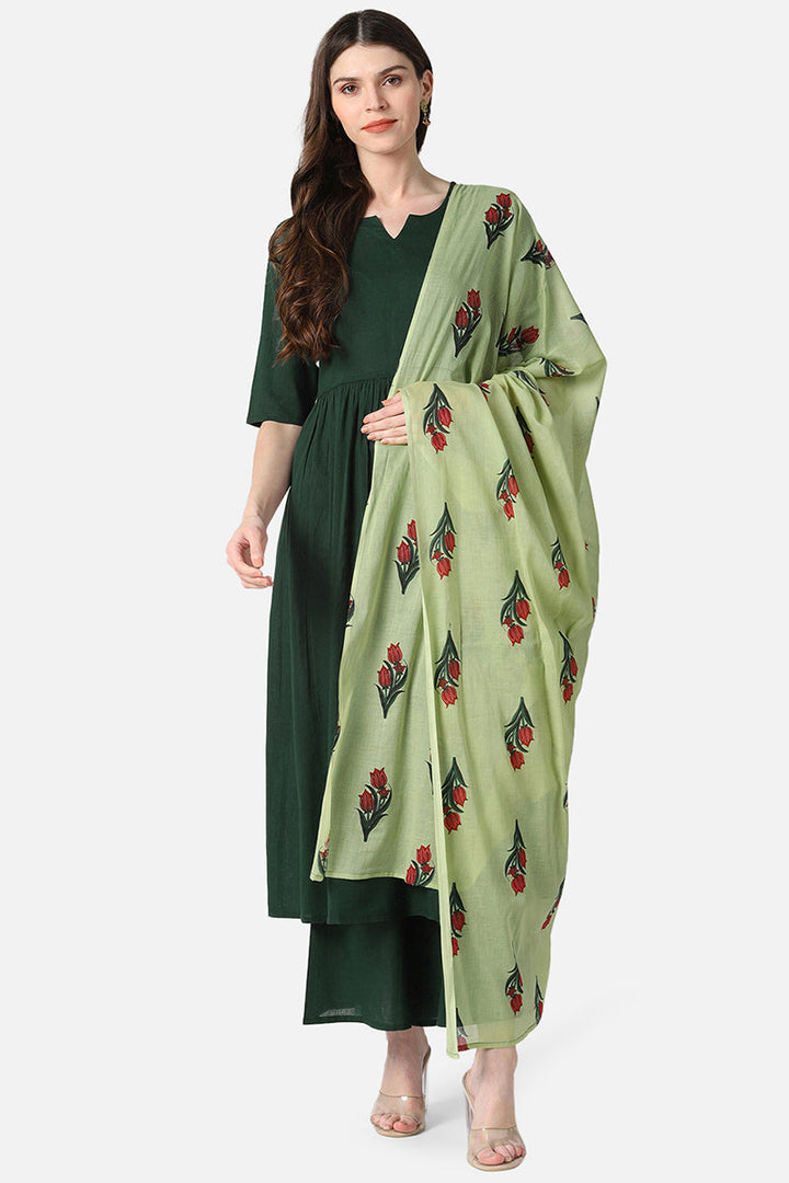 Cotton-Green-Solid-Printed-A-Line-3-Piece-Kurta-Set