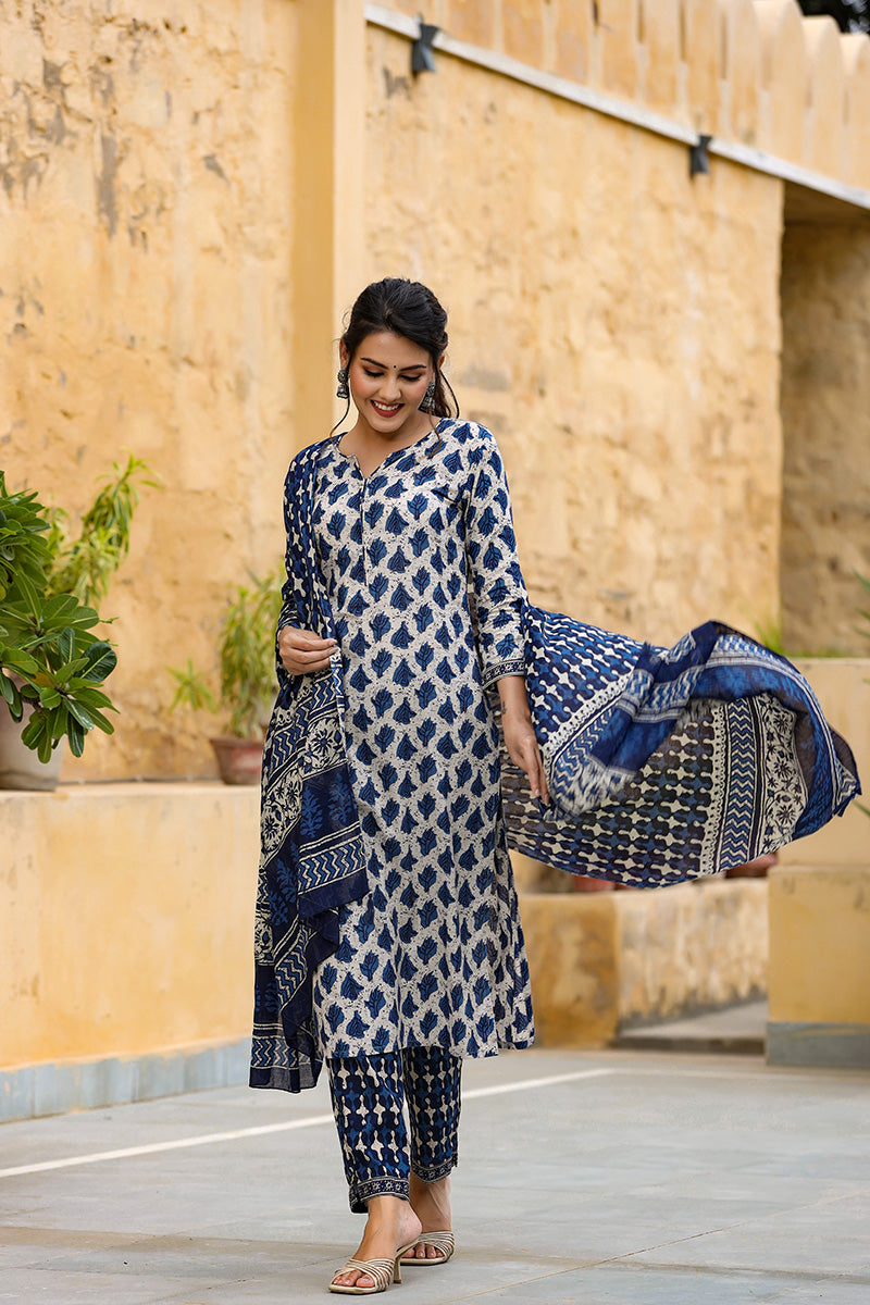 Off White Ethnic Motifs Printed Suit Set