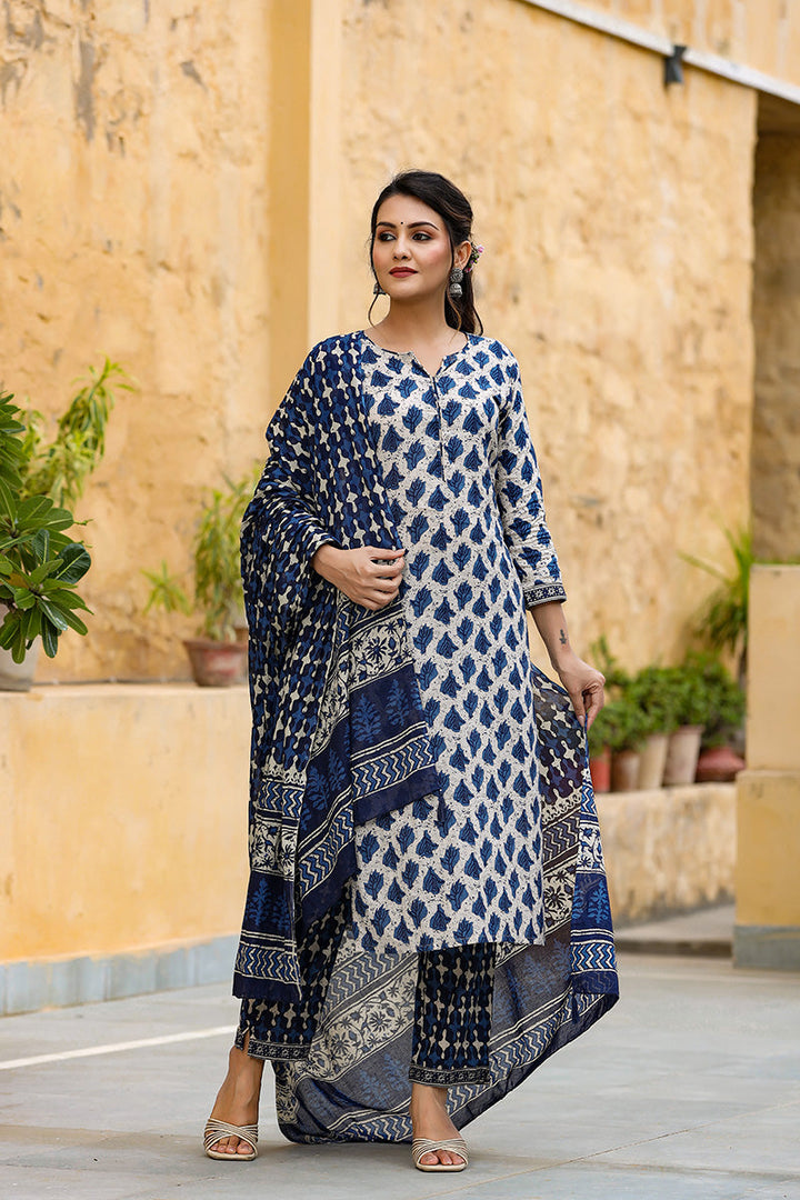 Off White Ethnic Motifs Printed Suit Set