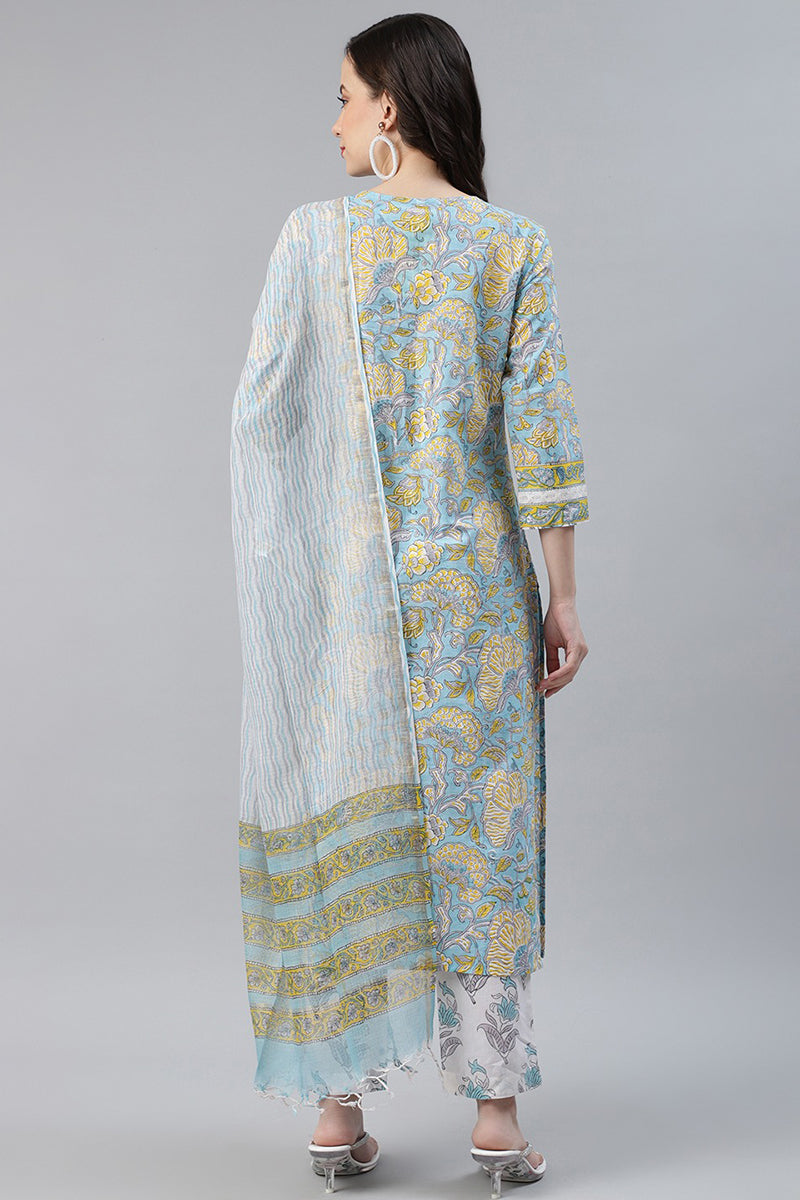 Turquoise-Blue-Cotton-Motif-Printed-Straight-3-Piece-Kurta-Set