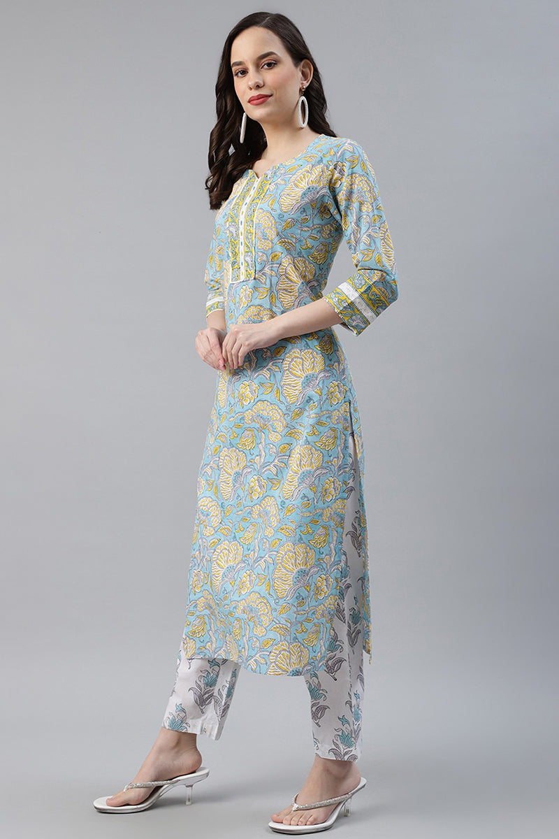 Turquoise-Blue-Cotton-Motif-Printed-Straight-3-Piece-Kurta-Set