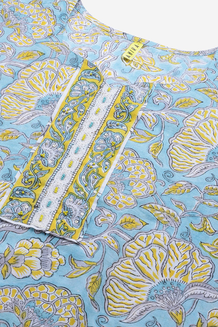 Turquoise-Blue-Cotton-Motif-Printed-Straight-3-Piece-Kurta-Set