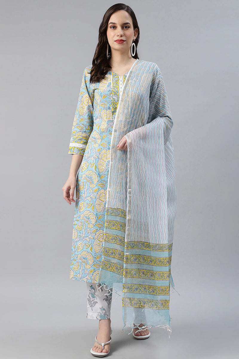Turquoise-Blue-Cotton-Motif-Printed-Straight-3-Piece-Kurta-Set