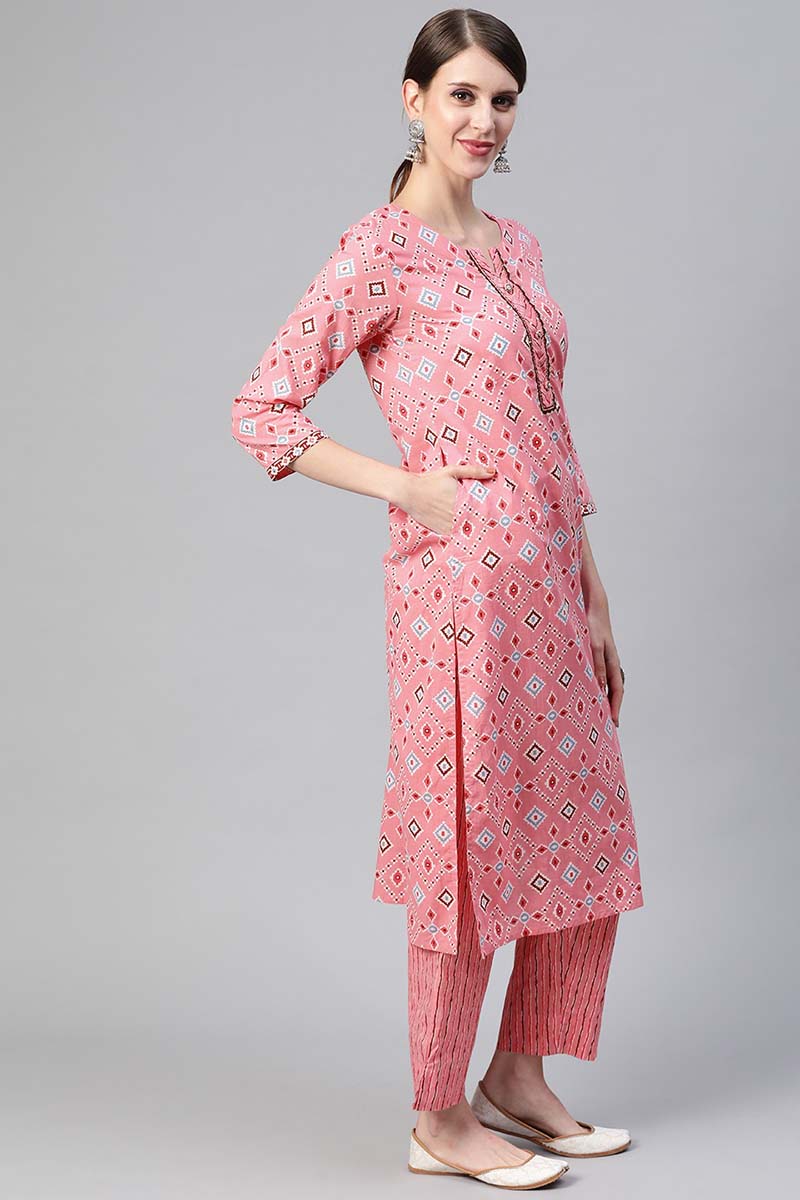 Pink-Cotton-Geometric-Printed-Straight-3-Piece-Kurta-Set