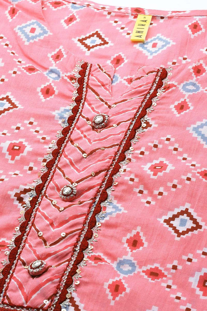 Pink-Cotton-Geometric-Printed-Straight-3-Piece-Kurta-Set