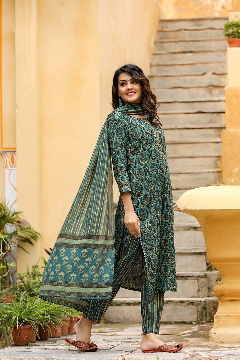 Green Rayon Blend Ethnic Motifs Suit Set