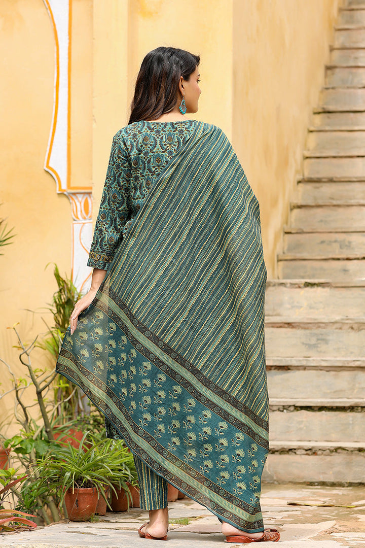 Green Rayon Blend Ethnic Motifs Suit Set