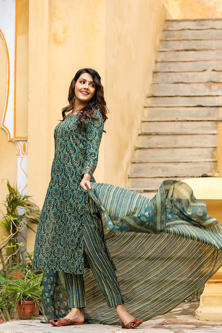 Green Rayon Blend Ethnic Motifs Suit Set