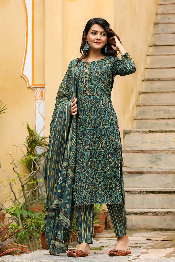 Green Rayon Blend Ethnic Motifs Suit Set