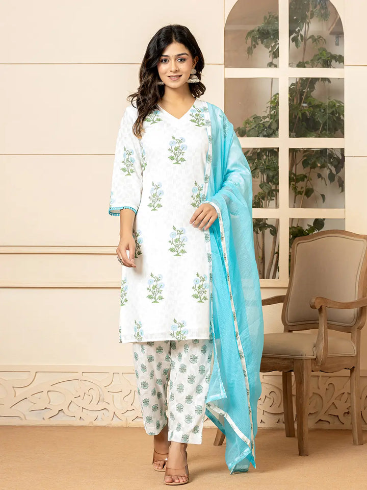 White-And-Sky-Blue-Cotton-Floral-Print-3-Piece-Kurta-Set