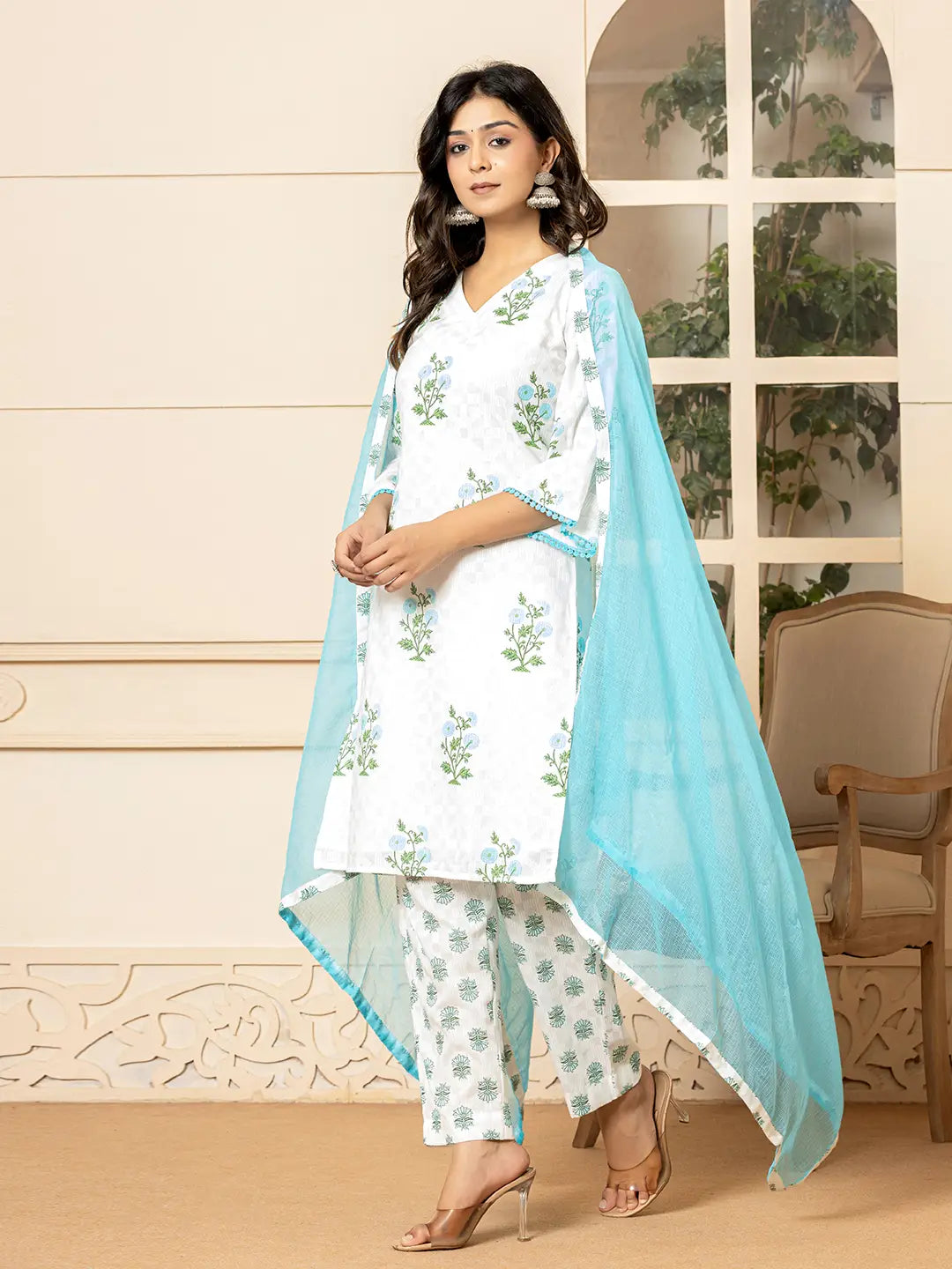 White-And-Sky-Blue-Cotton-Floral-Print-3-Piece-Kurta-Set