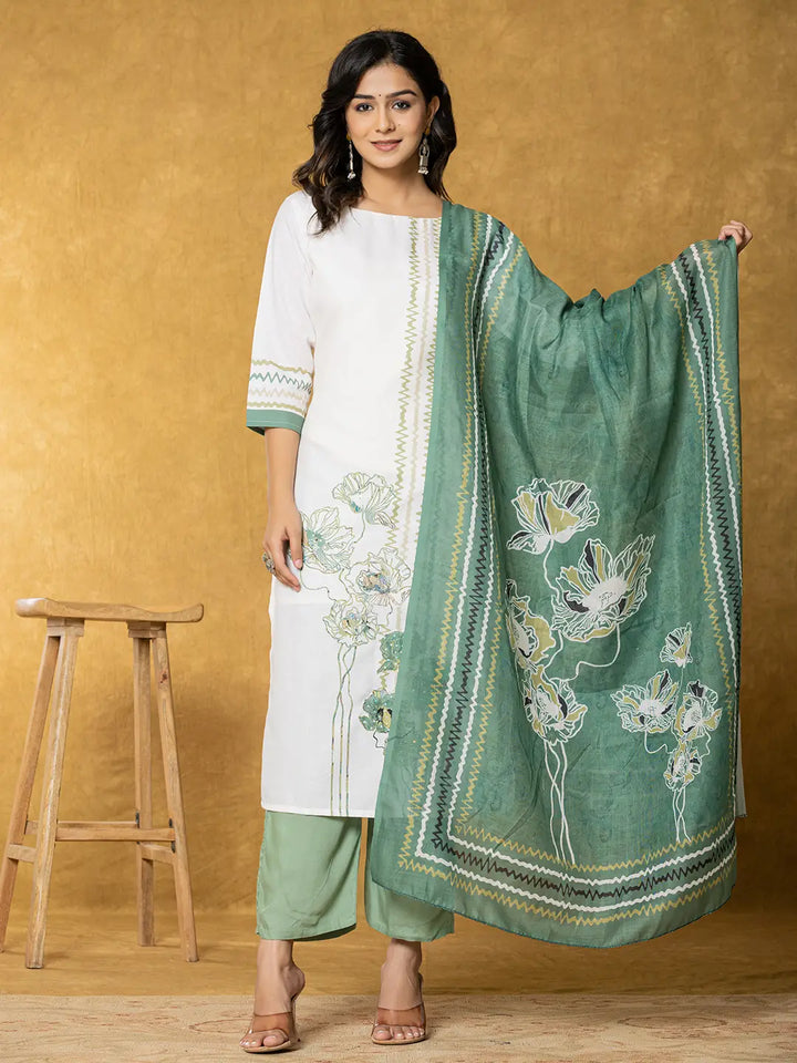 White-&-Green-Linen-Printed-3-Piece-Kurta-Set