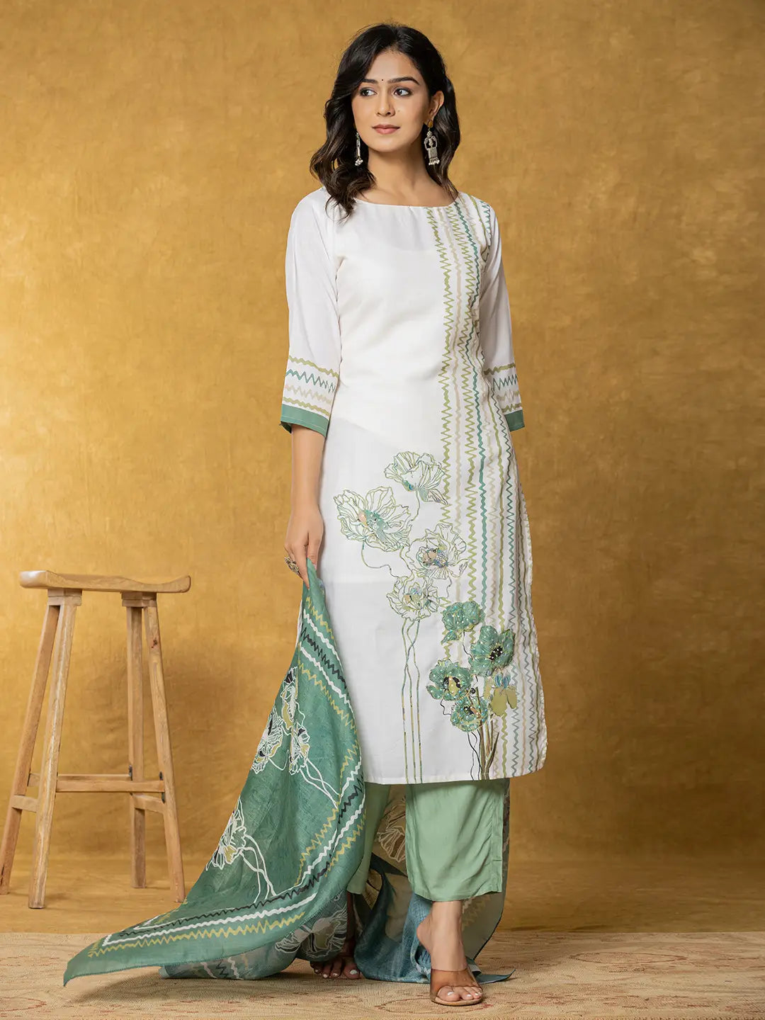 White-&-Green-Linen-Printed-3-Piece-Kurta-Set