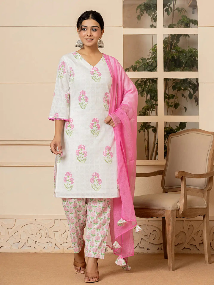 White-And-Pink-Cotton-Floral-Printed-3-Piece-Kurta-Set